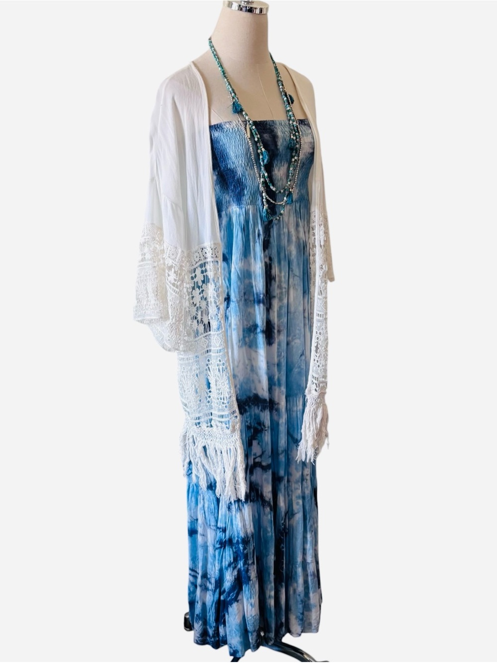 Strapless Maxi Tie-Dye Dress Coverup & Jewelry Bundle Boho Summer Festival S/M